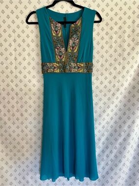 Anthropologie Westonwear Teal Sleeveless Embellished V-Neck MIdi Dress - sz S